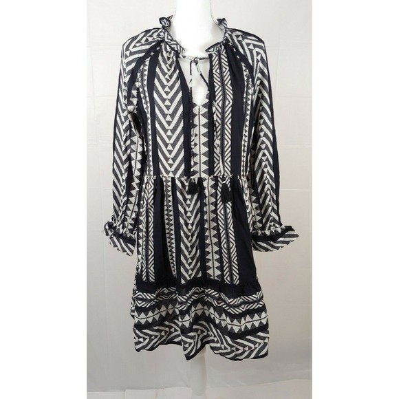Anthropologie Maeve Tunic Dress Small Black White Tassels Boho Dominique Cotton - Picture 1 of 12